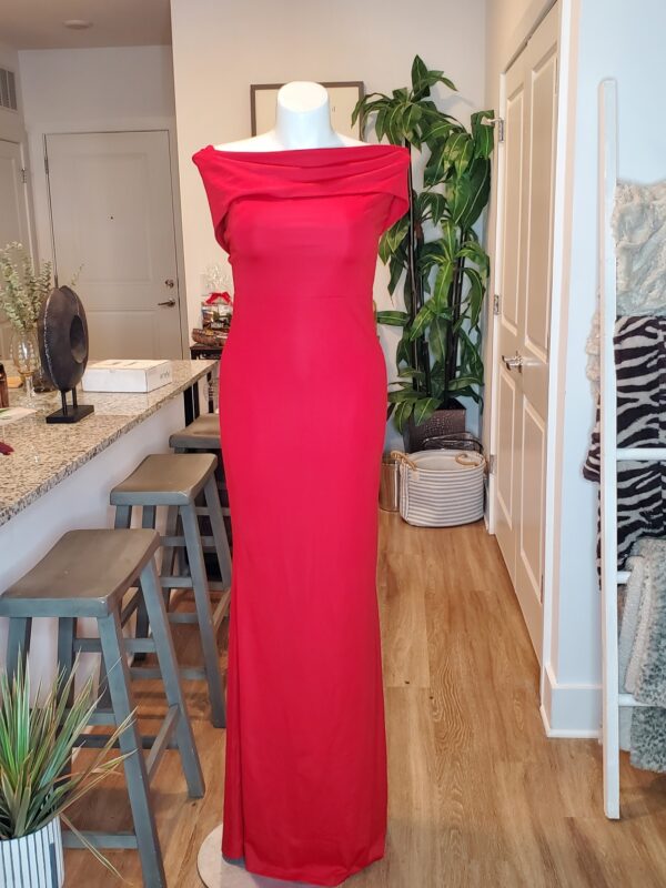 Floor-length Crimson Red Off the Shoulder Gown w Center Draped Back