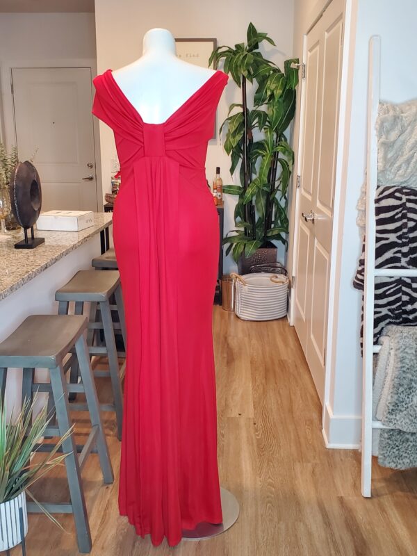 Floor-length Crimson Red Off the Shoulder Gown w Center Draped Back - Image 3