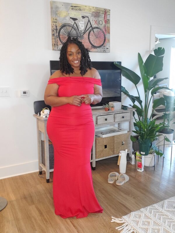 Floor-length Crimson Red Off the Shoulder Gown w Center Draped Back - Image 2