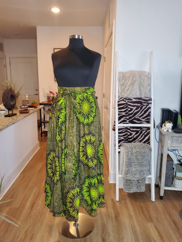 Green and Yellow Ankara Tie Waist Skirt - Image 2